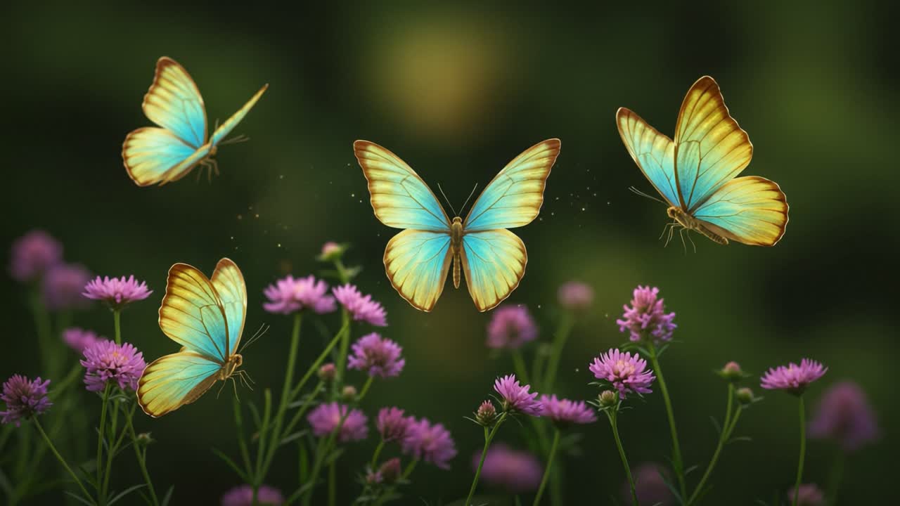 A Captivating Display of Vibrant Butterflies Gracefully Fluttering Among Beautiful Summer Flowers in a Lush Garden Setting