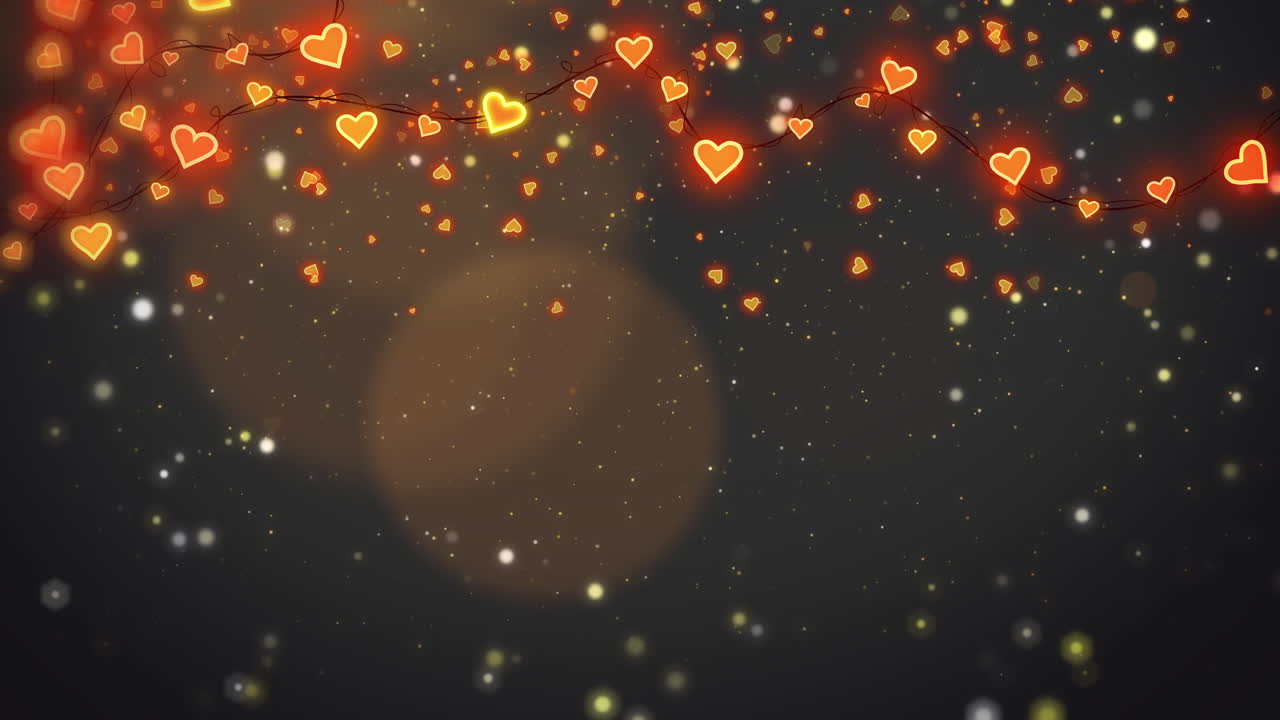 Valentines Day banner. Black loop background design of sparkling lights garland with heart shaped, glitter gold confetti. Holiday poster, greeting cards.