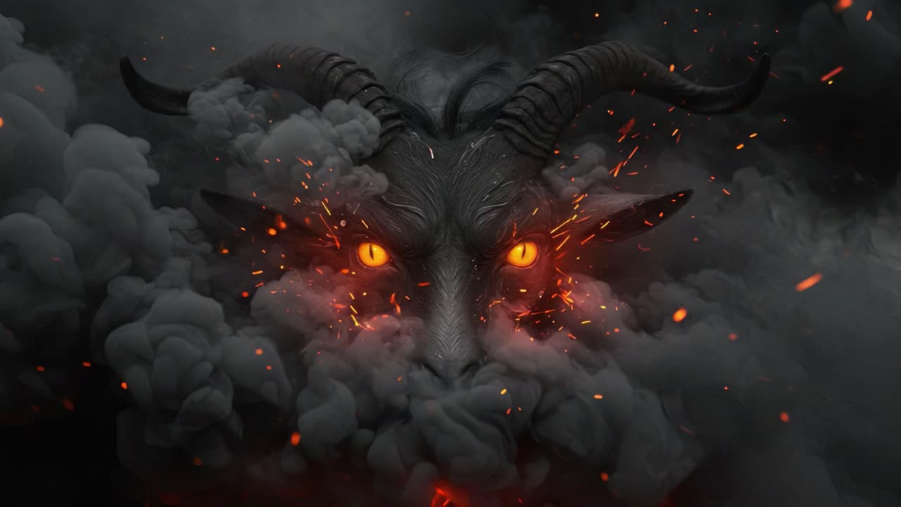 Mysterious Creature Emerges from Smoke: A Sinister Figure with Fiery Eyes and Horns Surrounded by Dark Clouds and Glowing Embers Captivates the Imagination