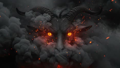 mysterious creature emerges from smoke: a sinister figure with fiery eyes and horns surrounded by dark clouds and glowing embers captivates the imagination