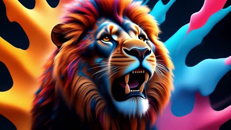 colorful roaring lion. a powerful lion with a colorful mane showcases its strength against a bright, abstract background.