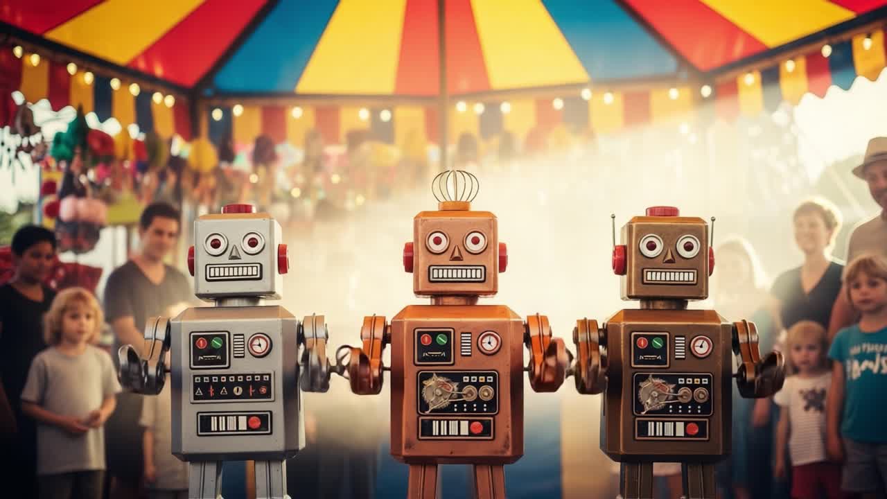 Three Vintage Robots Participate in a Playful Exhibition at a Colorful Carnival, Captivating the Audience with Their Charm and Whimsical Movements