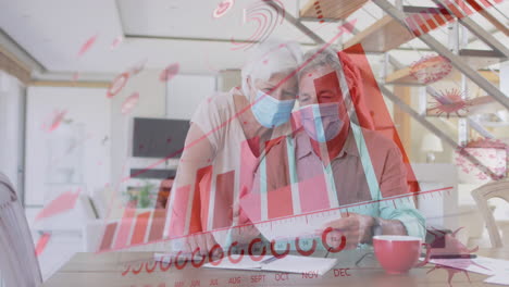 animation of covid 19 cells and statistics over senior couple in face masks
