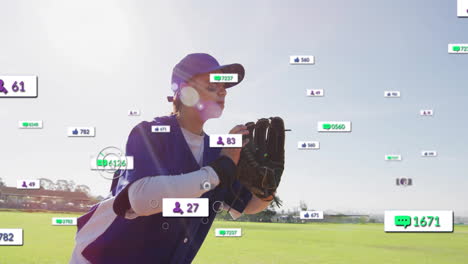 animation of digital data processing over biracial female baseball player on field