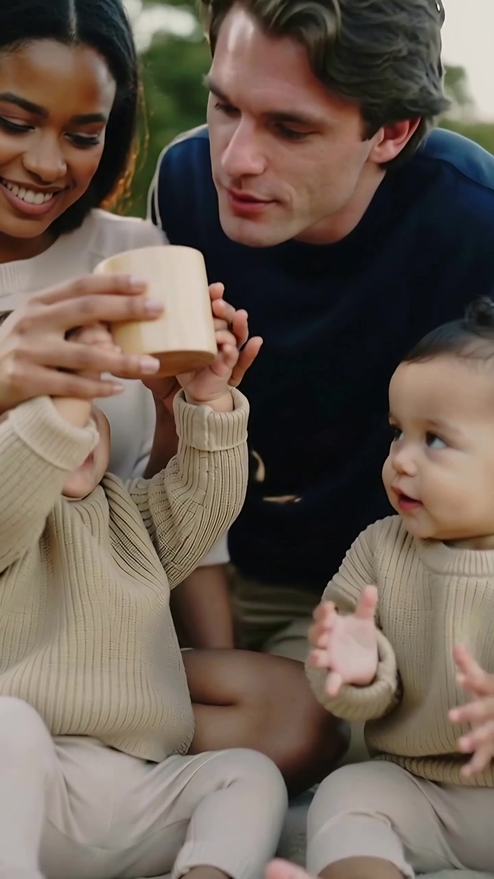 Video verticale: Mamma offre una tazza di legno e incoraggia i neonati vestiti di beige che si protendono al parco, mentre papà bacia il bordo.