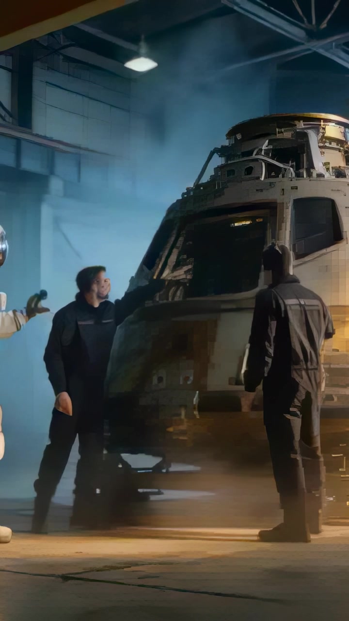 Vertical video: Inspecting landing capsule two techs tapping window in hangar, checking heat damage