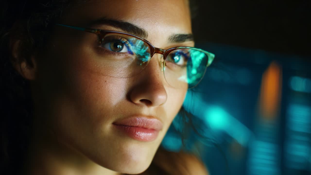 Captivating Close-Up of a Young Woman with Glasses, Focused Intently on Digital Displays, Showcasing Emotion and Intelligence in a Tech-Driven Environment with Vibrant Colors and Soft Light Contrast
