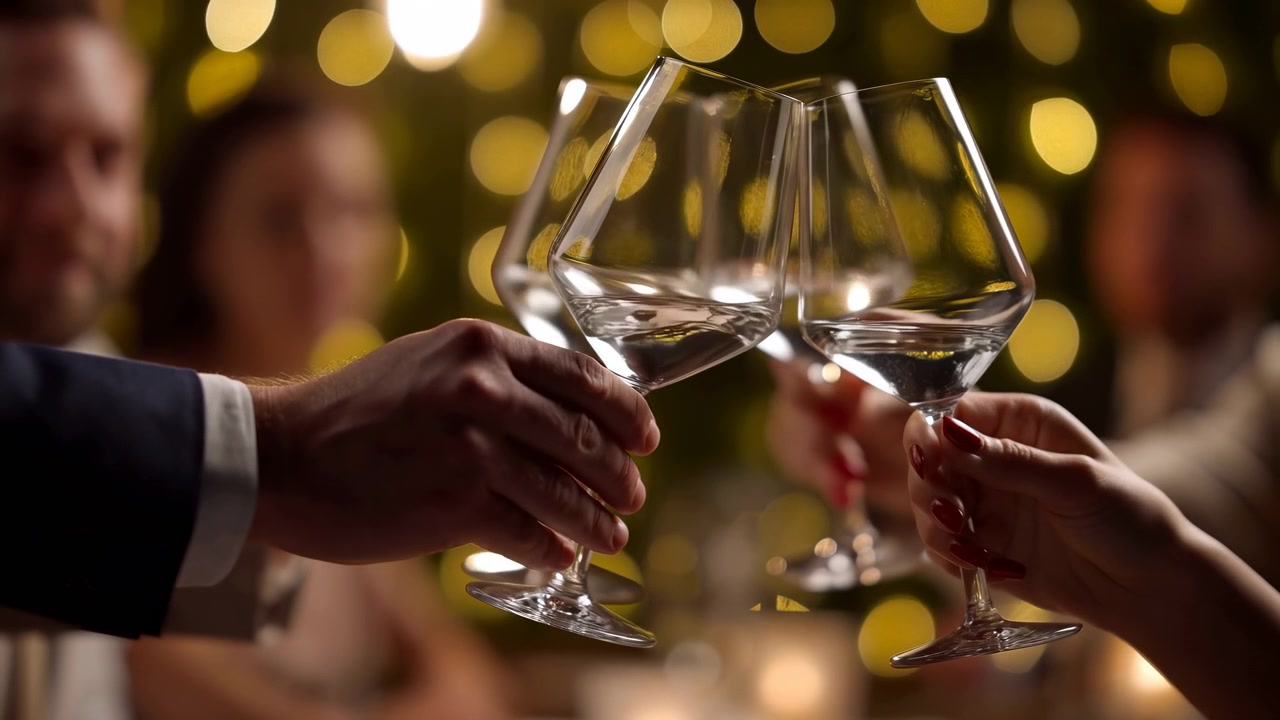 Fire hænder fører klare vinglas sammen i varmt gyldent bokeh-lys under en elegant middagsfest, hvilket viser et nært, intimt udsyn, poleret stilkglas, bløde refleksioner, vinklede skåle og en festlig stemning