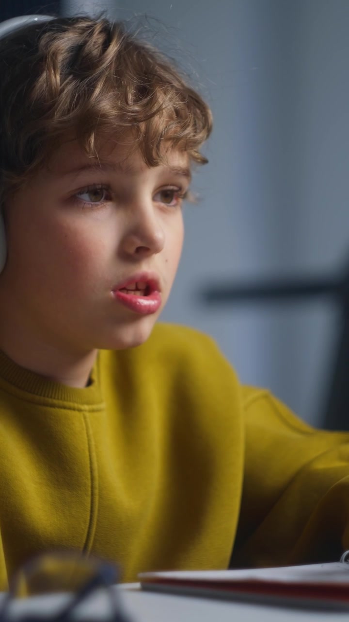 Bambino concentrato che indossa le cuffie mentre fa i compiti