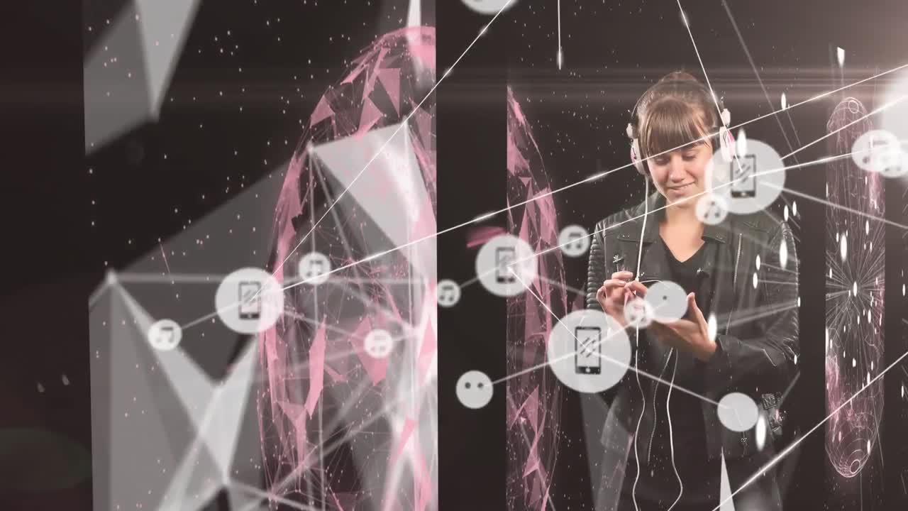 Animation of network of connections over woman using smartphone