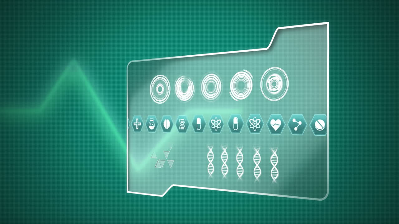 carpeta digital con círculos futuristas, doble hélice de adn e iconos médicos