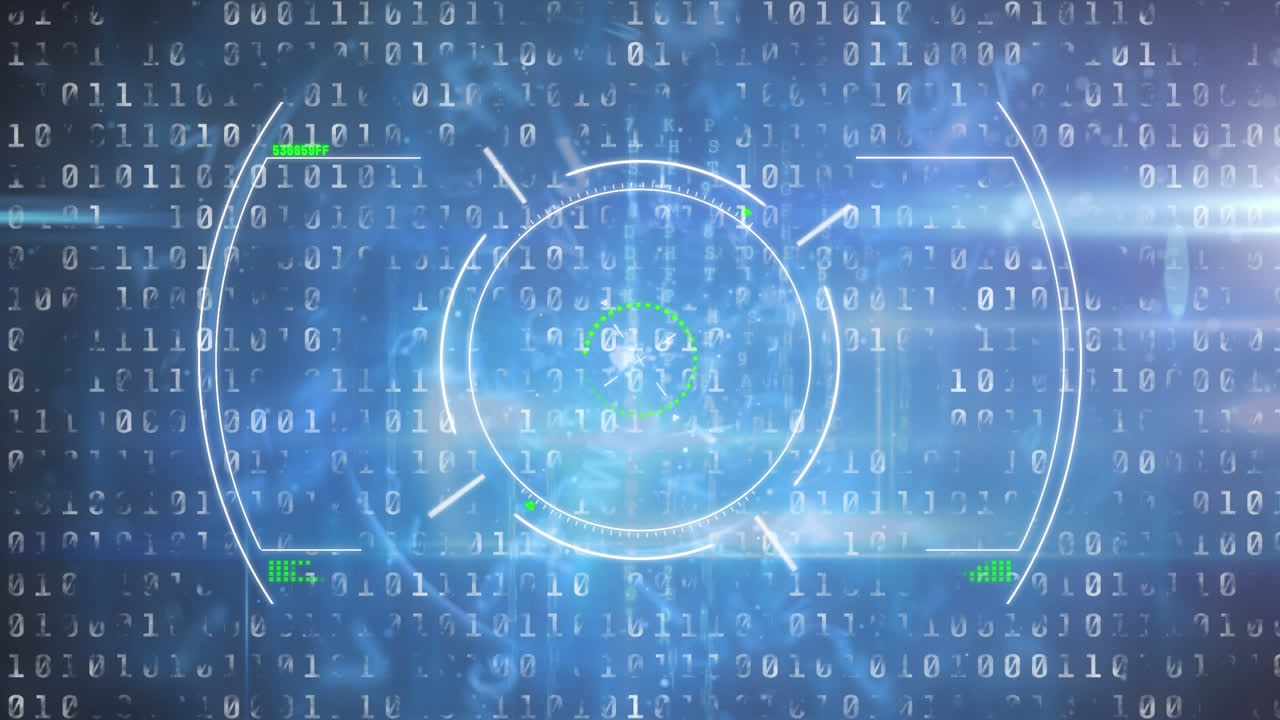 Animation of viewfinder and binary code on navy background with lights