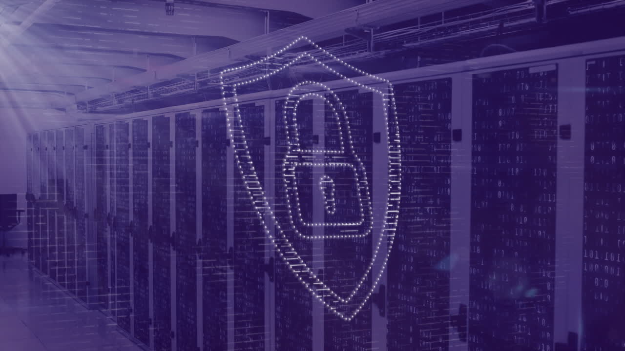 Digital security shield animation over server racks in data center