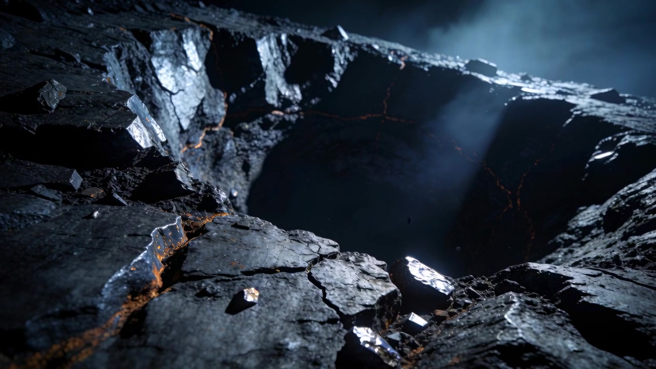 Camera moving closer, cracked chasm rim catching shaft of light through gap, reflecting minerals