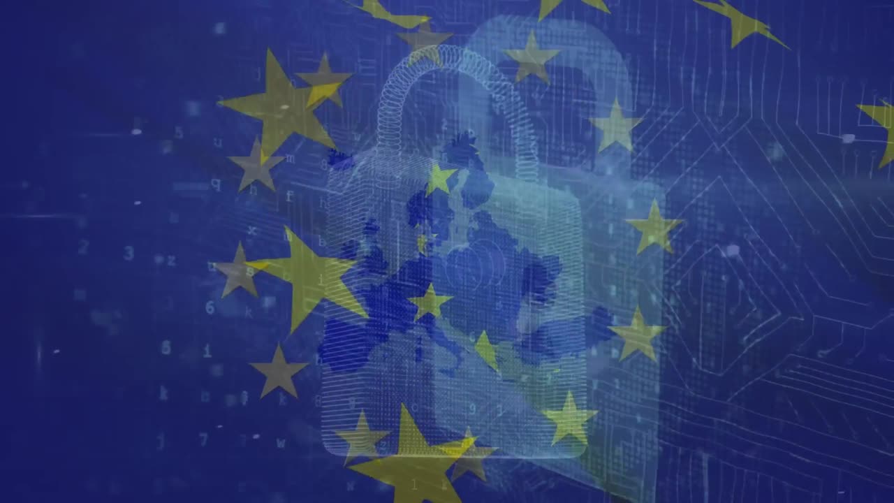 Animazione di mappa dell'Europa, lucchetto, elaborazione dati e bandiera dell'UE.