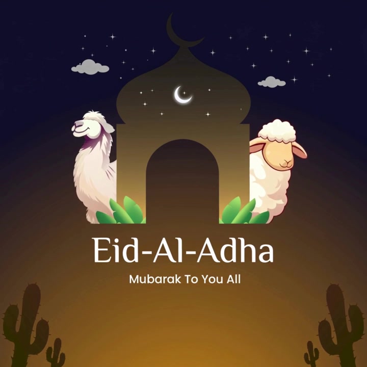 Animazione banner di auguri Eid Al Adha con famiglia musulmana, cammello, pecore e silhouette di moschea.