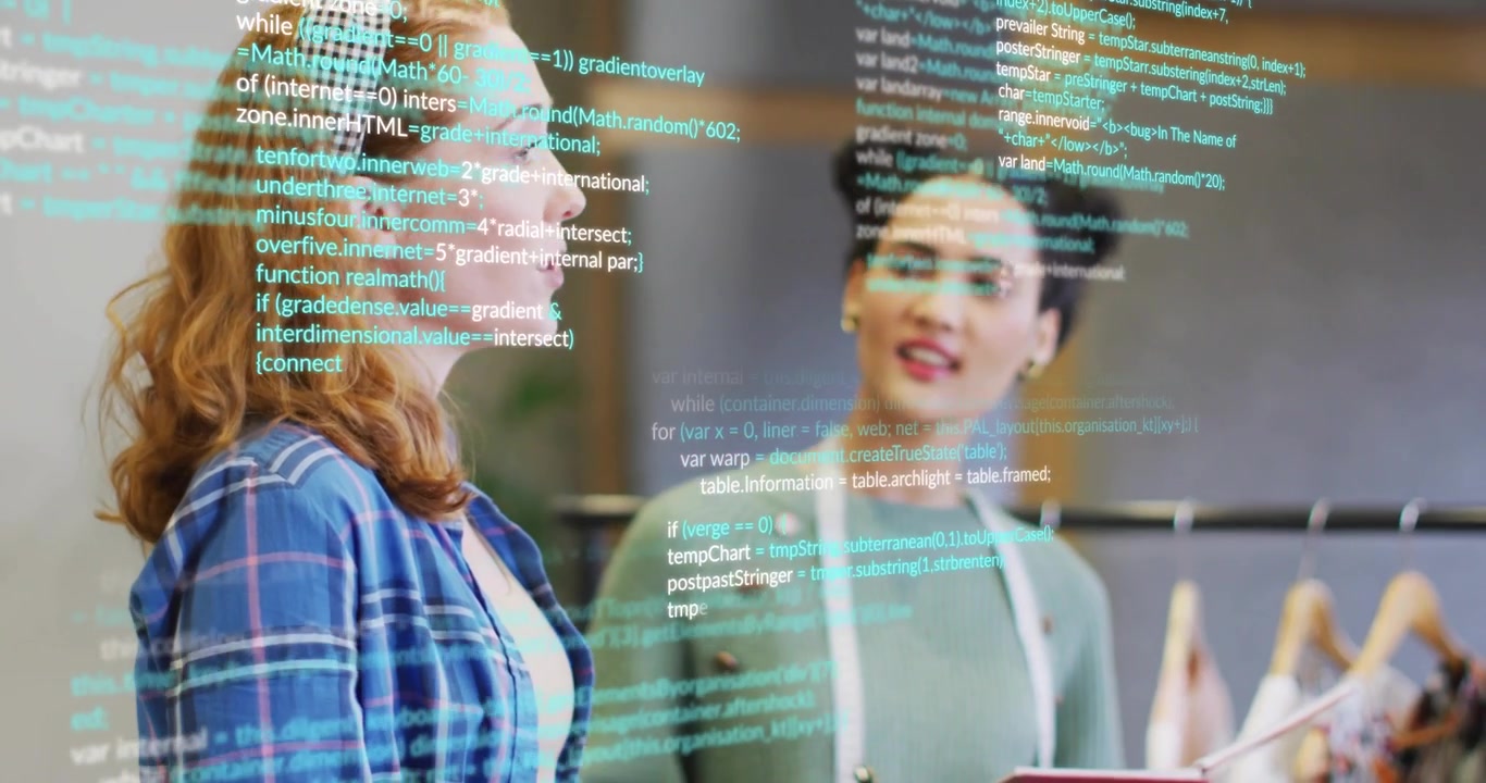Fashion designer presenting sizes and coordinator jotting notes as code overlay drifting over rack