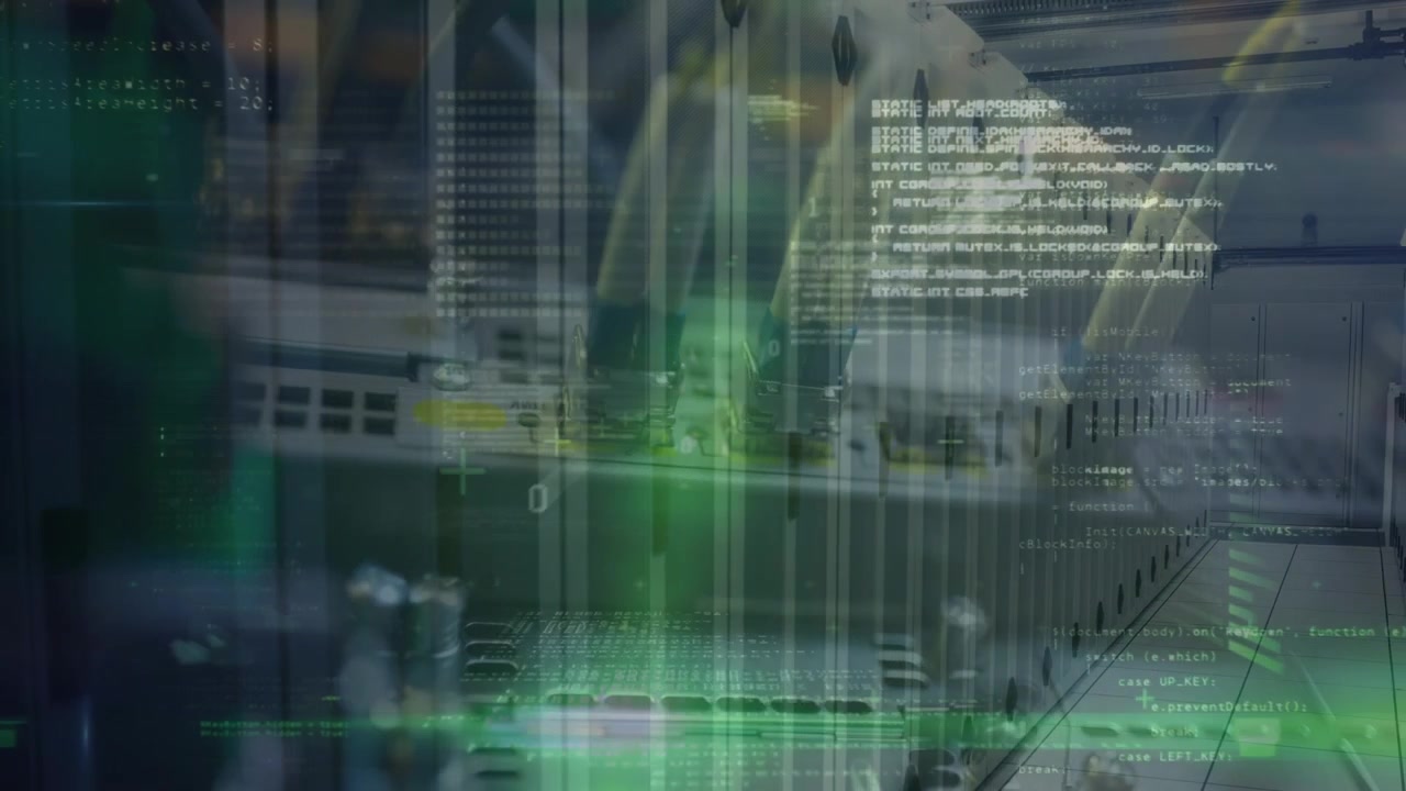 Animation of data processing over empty computer server room