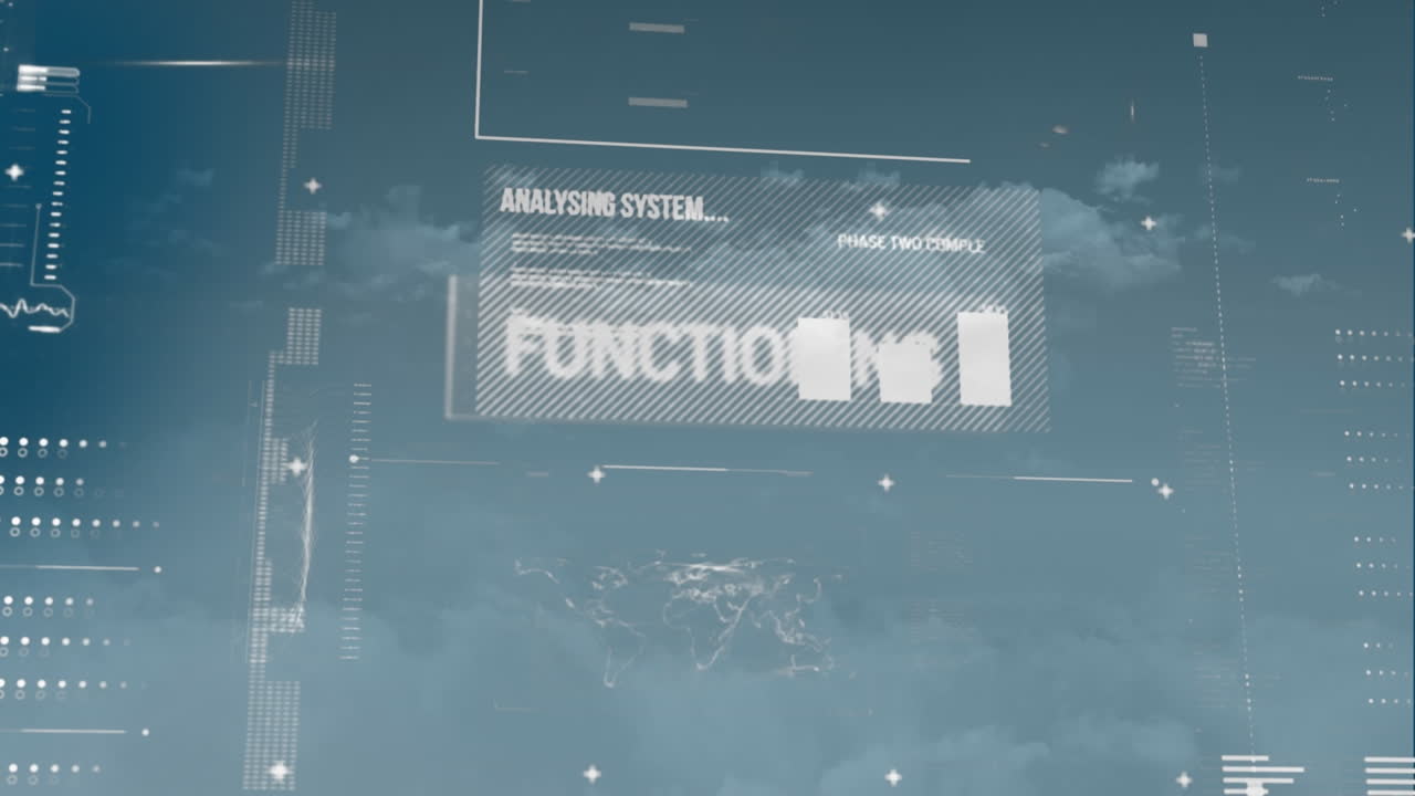 Animation of computer language, loading bars, map, texts and graphs against cloudy sky
