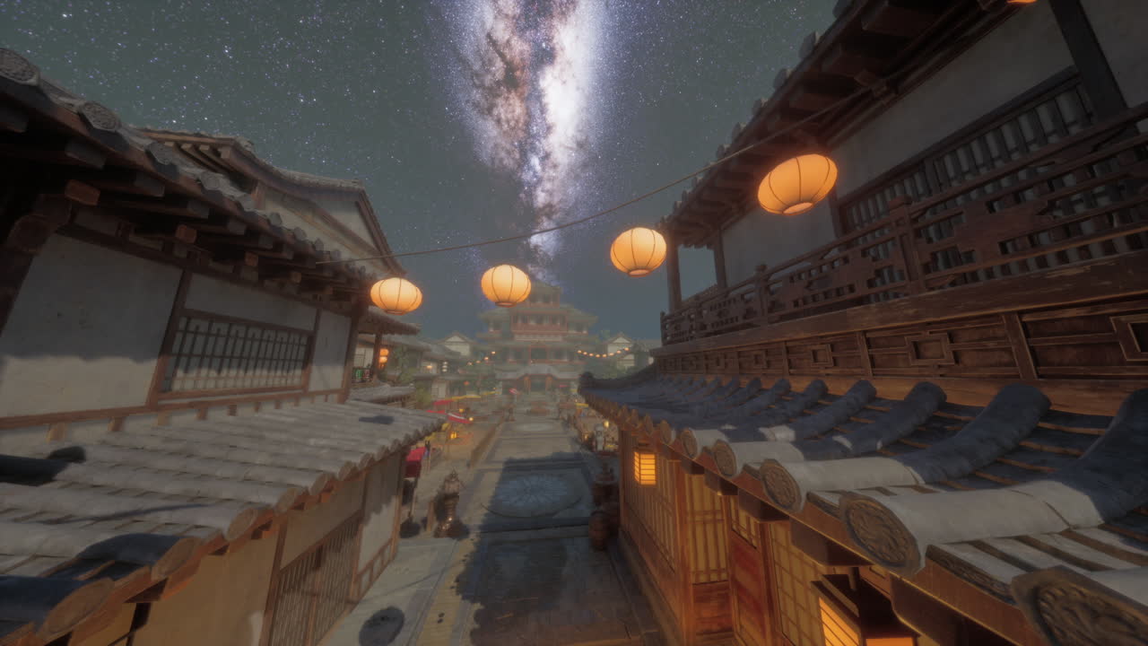 은하를 가진 일본 마을의 야간 풍경