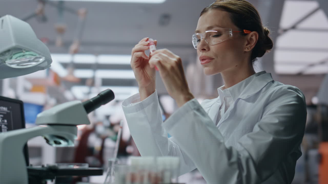 Clinic expert exploring test tube with vaccine in laboratory in glasses close up