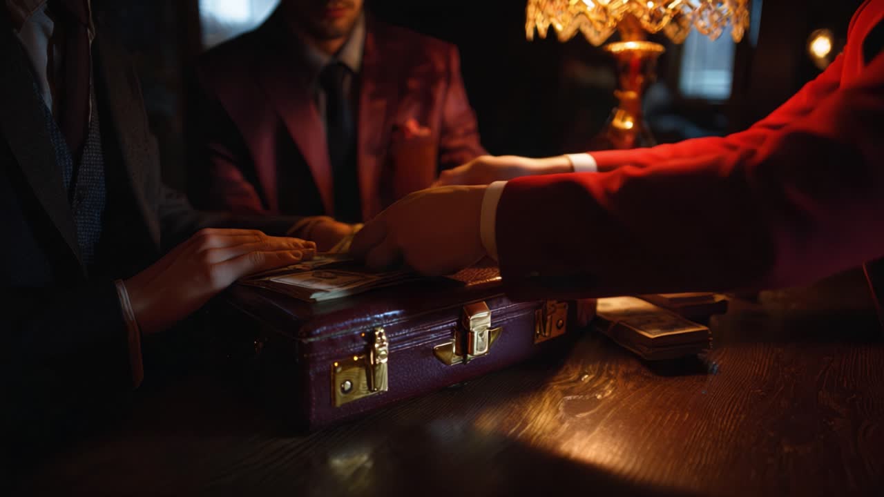 Échange d'argent intrigant alors que deux silhouettes s'engagent dans une transaction mystérieuse près d'une table chaleureuse avec une lampe vintage projetant une douce lueur