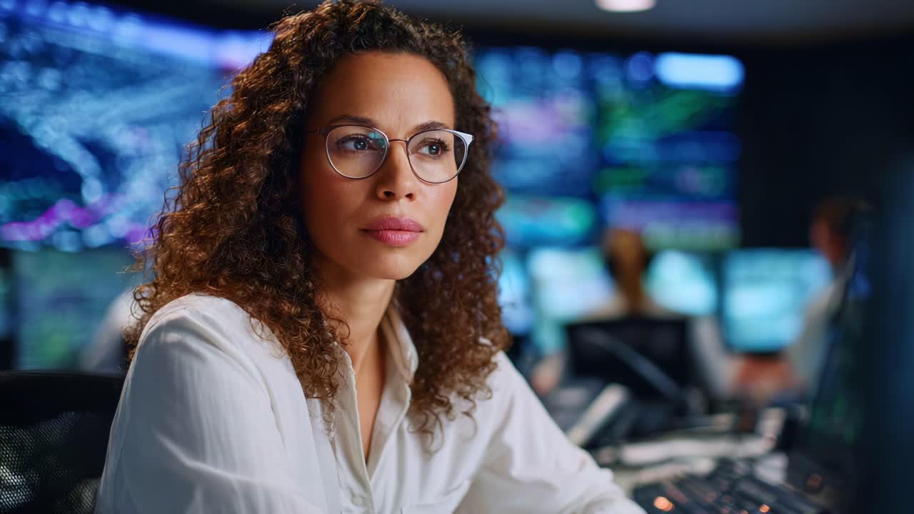 Focused Professional in Data Analysis Environment Overlooking Complex Digital Displays and Trends While Engaged in Analytical Tasks at Control Center