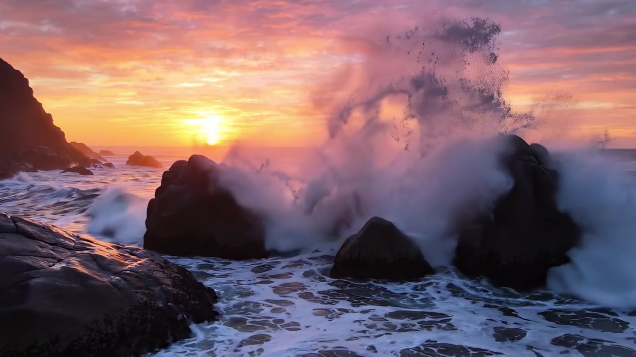 Alba mozzafiato sull'oceano su una costa rocciosa: colori e onde accattivanti creano una scena spettacolare all'alba, illuminando la bellezza naturale del litorale
