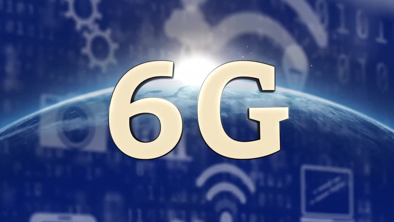 animación de texto 6g, globo y procesamiento de datos por computadora