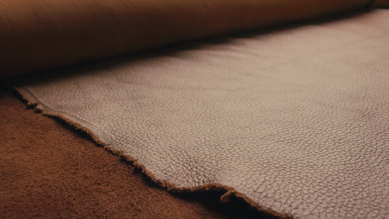 Closeup shot of a wrapped up leather hide being rolled open on a table in a workshop, revealing the rustic texture on the surface of the leather. 4K
