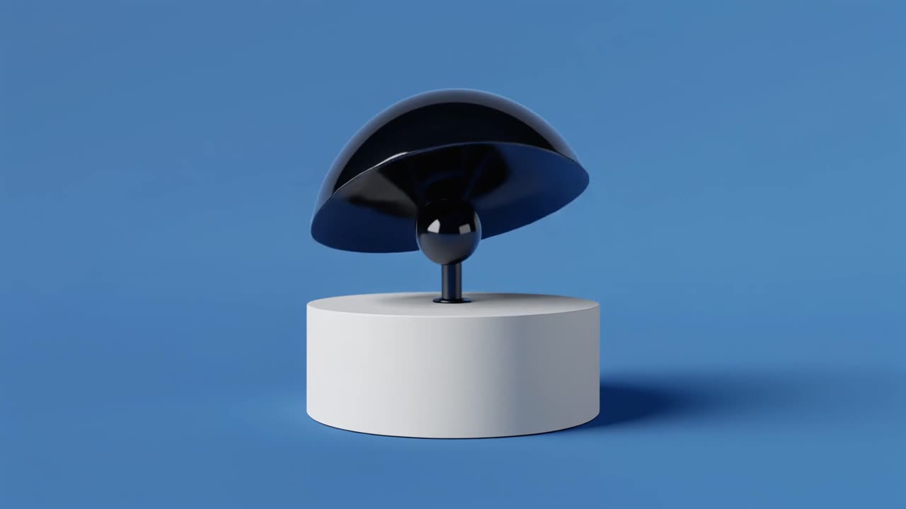 Animación 3D minimalista de una cúpula negra giratoria sobre fondo azul