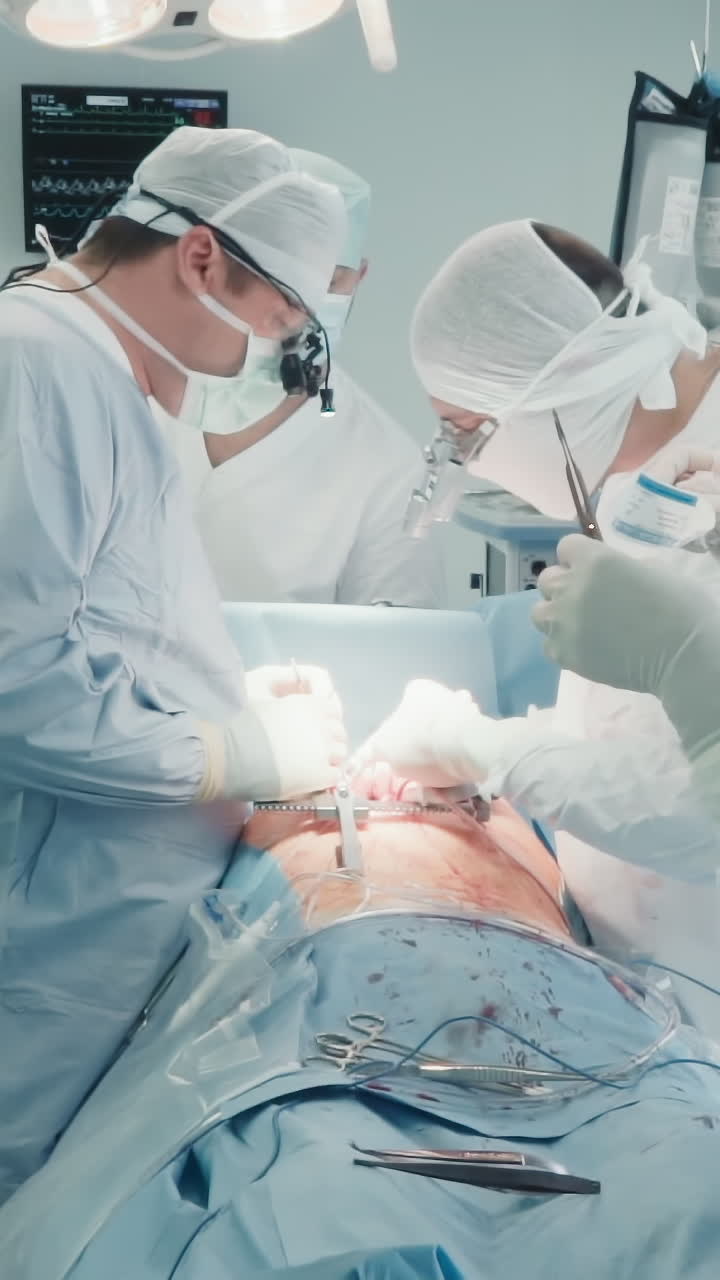 팀과 함께 수술하는 외과 의사들은 환자의 심장을 수술합니다. 여성 조교는 병원에서 관상동맥 바이파스 이식 수술을 할 때 불임 의료 장치를 준비합니다.