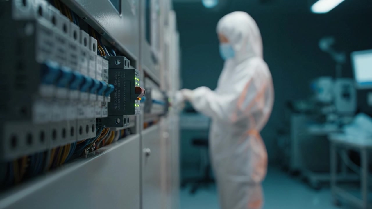 A technician in protective gear works on complex electrical systems within a cleanroom environment, showcasing safety and precision in technical maintenance.