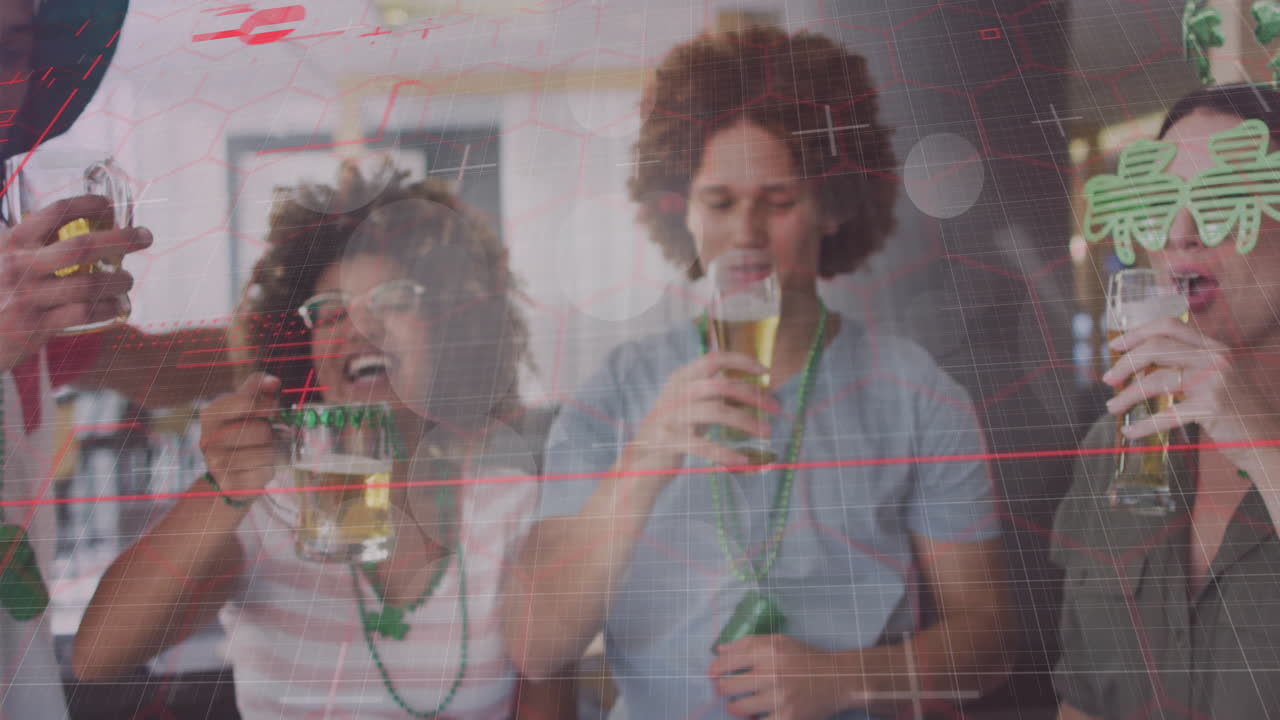 Celebrating with drinks, people wearing green accessories in digital network animation