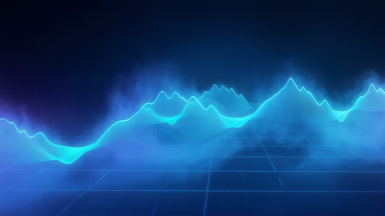 Purple glow sparking cyan waveform rising into ridges on grid plane, fog showing data flow