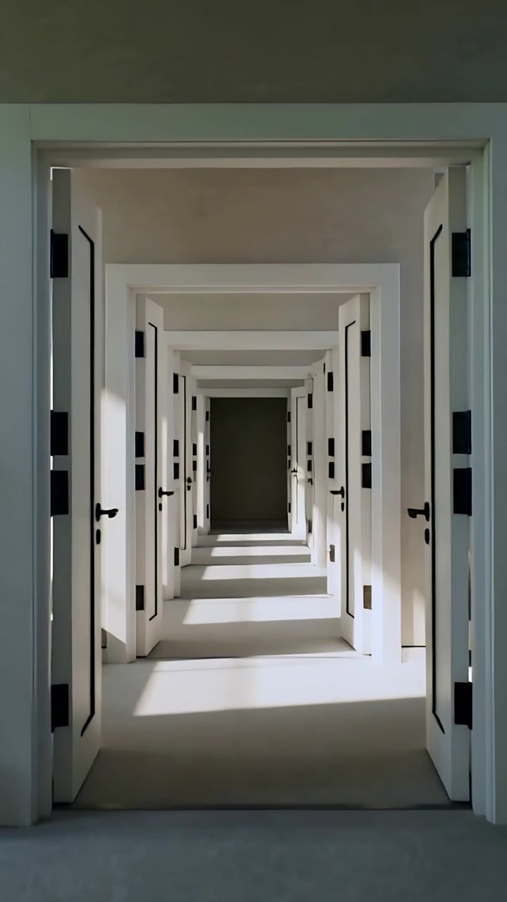 Video verticale: Porte bianche inizialmente chiuse che si aprono in casa, mostrando i vani delle porte illuminati dal sole