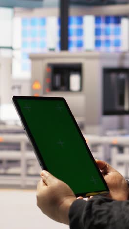vertical video close up of mockup tablet used by engineer in factory to perform maintenance