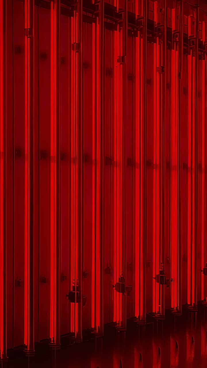 Vertical video: Moving camera showing red panels with vertical lights in gallery showing brackets