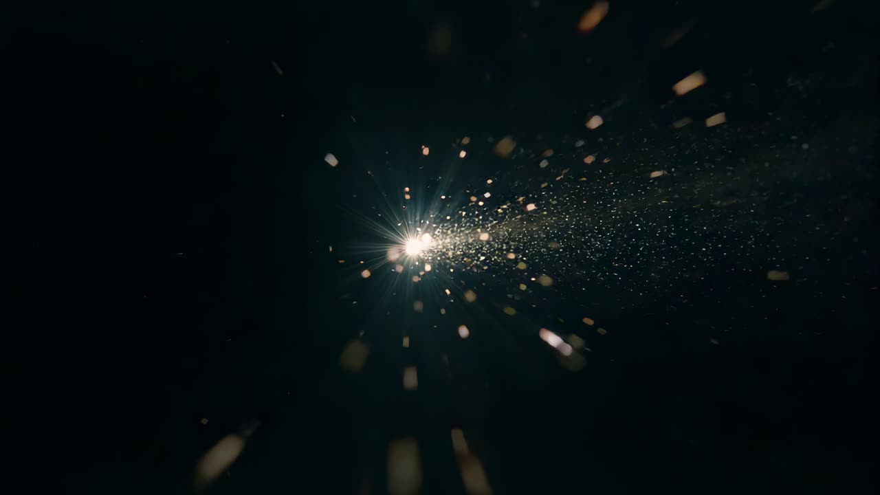 Emitting bright core sending sparkling motes and bokeh flecks across black void evoking comet trail