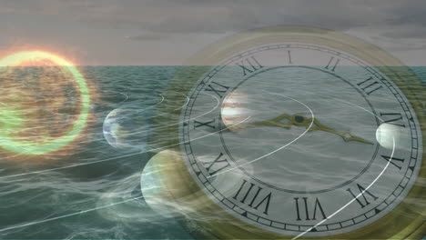 animación de sistemas solares, planetas y espacio sobre el mar y el tic-tac del reloj