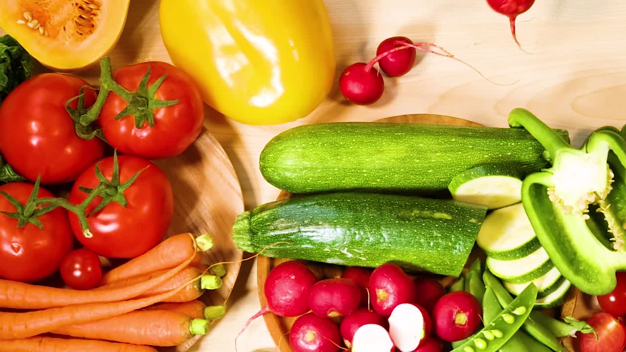 A vibrant assortment of tomatoes, zucchini, carrots, radishes, and yellow squash arranged on a wooden surface.