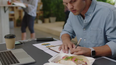 young caucasian businessman brainstorming writing notes enjoying study using laptop researching online attractive male student listening to music in diverse office