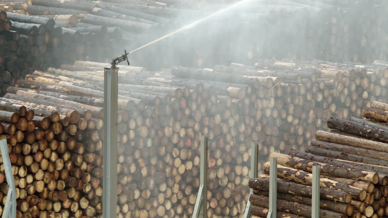 бесконечные ряды деревянных бревен во дворе склада