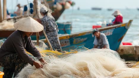 fishermen repairing fishing nets on the beach
