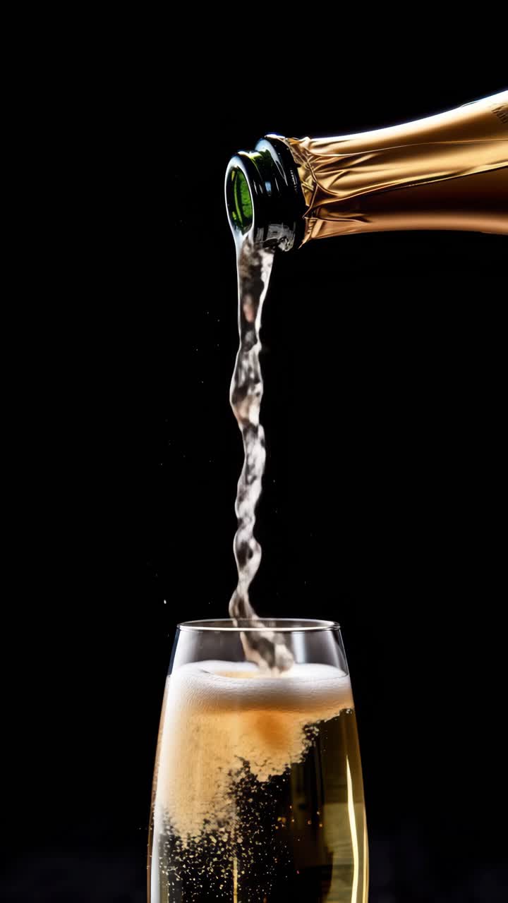 Fotogramma di un video ravvicinato di champagne versato in un flûte su uno sfondo nero