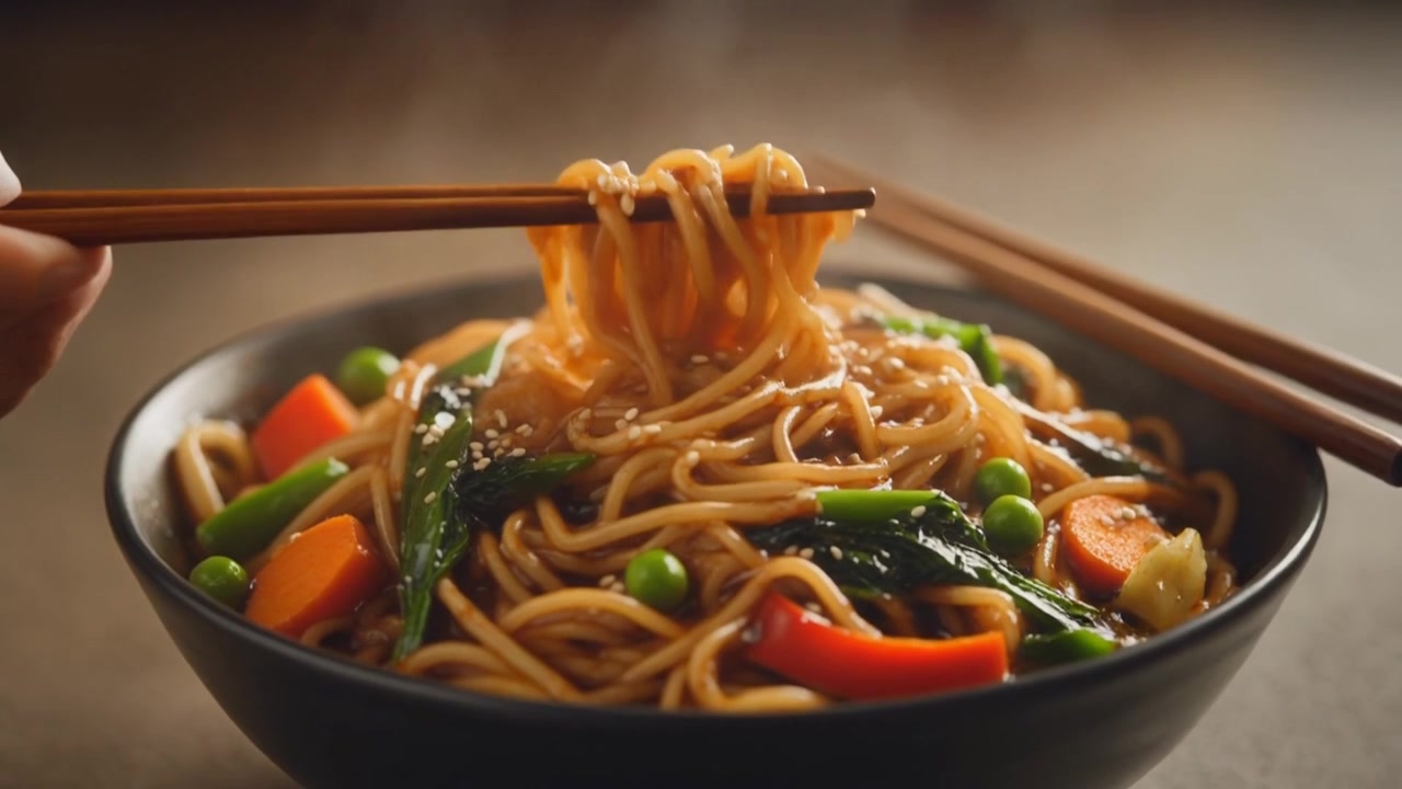 Bát mì xào nóng hổi với rau củ và đũa
