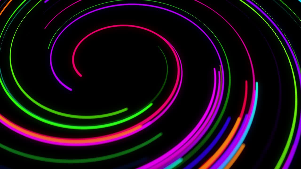 4k에서 세련된 창의적인 추상적인 배경: 회전하는 경로를 따라 회전하는 나선형으로 회전하는 색의 선; 모션 디자인: 선, 나선형 및 추상적인 구조를 형성하는 입자의 bg; 3d 렌더링