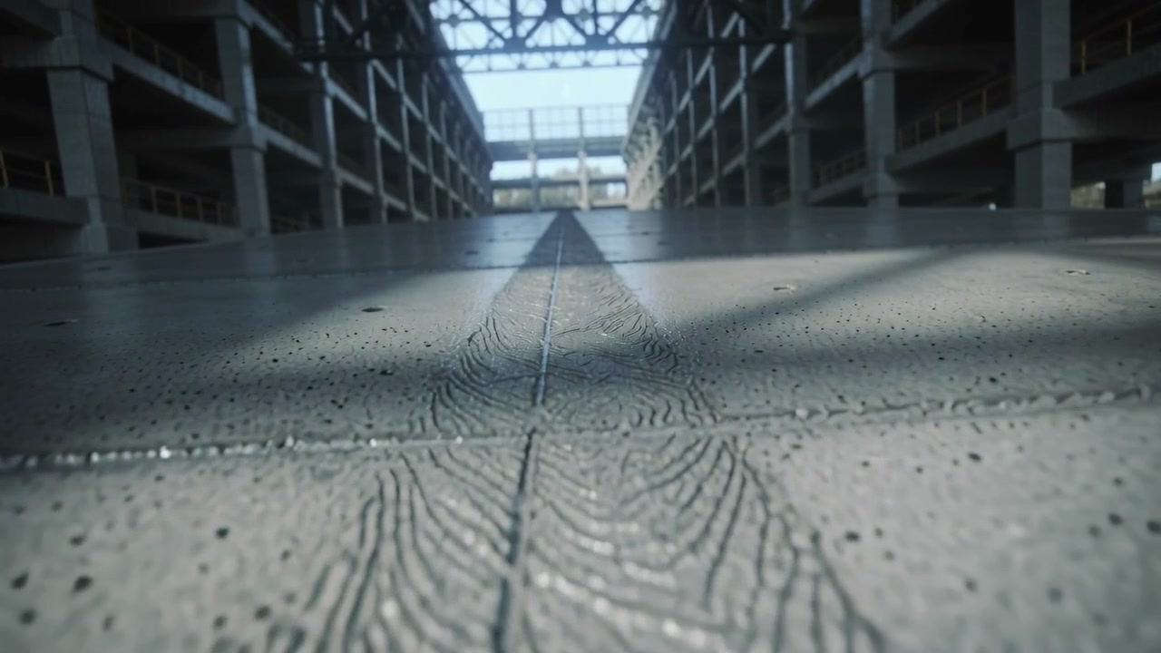 Ripresa dal basso con telecamera in movimento lungo la linea centrale in cemento, verso un'apertura luminosa