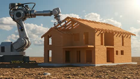 innovative automation in construction: a robotic arm assembles a modern home with precision in a sunlit desert landscape