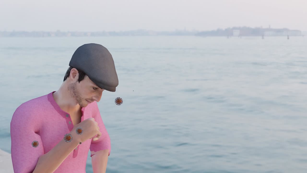 3D animation of an adult male coughing and  COVID19 emerges from him